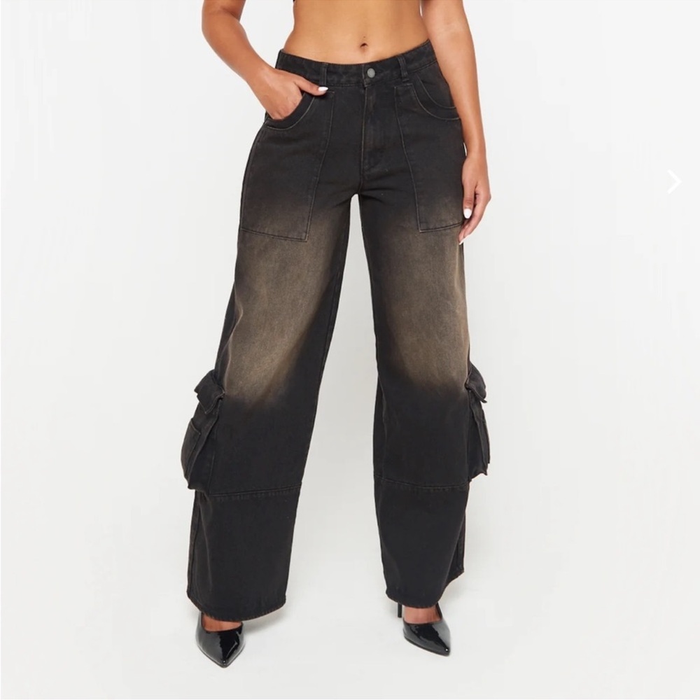 NWT Luxe To Kill Black/Brown Wash Oversized Cargo Jeans Size UK 4 US 0
